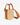 Petite Pouchette in Camel, tan cotton twill with a tonal woven pattern, leather trim, vegan lining interior, removable canvas and vegan leather crossbody strap
