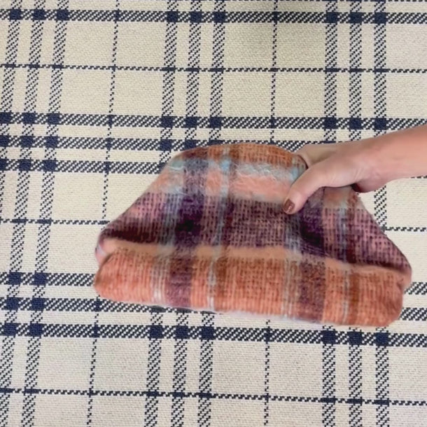 Terracotta plaid + grape | aqua
Terracotta Patent Leather Trim.  Stone and white pinstripe interior.